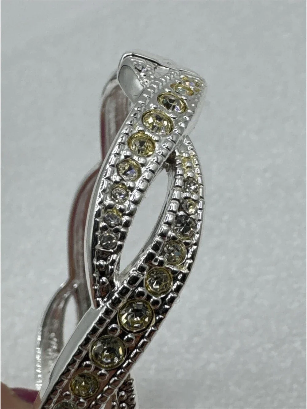 PREMIER DESIGNS Clamper Bracelet Yellow Rhinestones Twist Silver Tone Oval